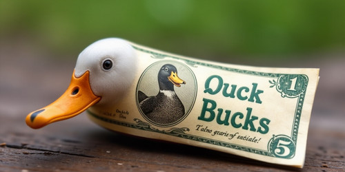 A whimsical bill made from a duck s bill featuring a proud duck portrait and the words Quack Bucks i.jpg