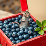 www.naked-ai.art - A red box of blue berries with a rat dancing inside
