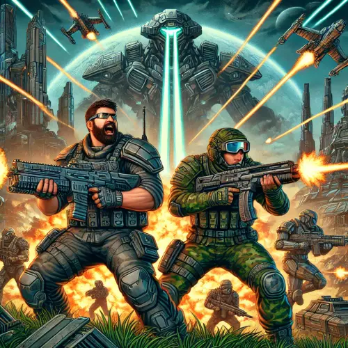 DALL·E 2025 03 18 20.51.37 A futuristic battlefield with two heavily armed soldiers fighting against.webp
