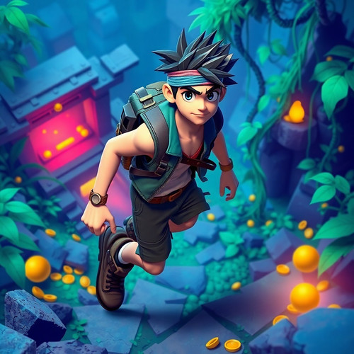 High angle perspective 3D render of an anime style Temple Run character in cool colors. The athletic.jpg