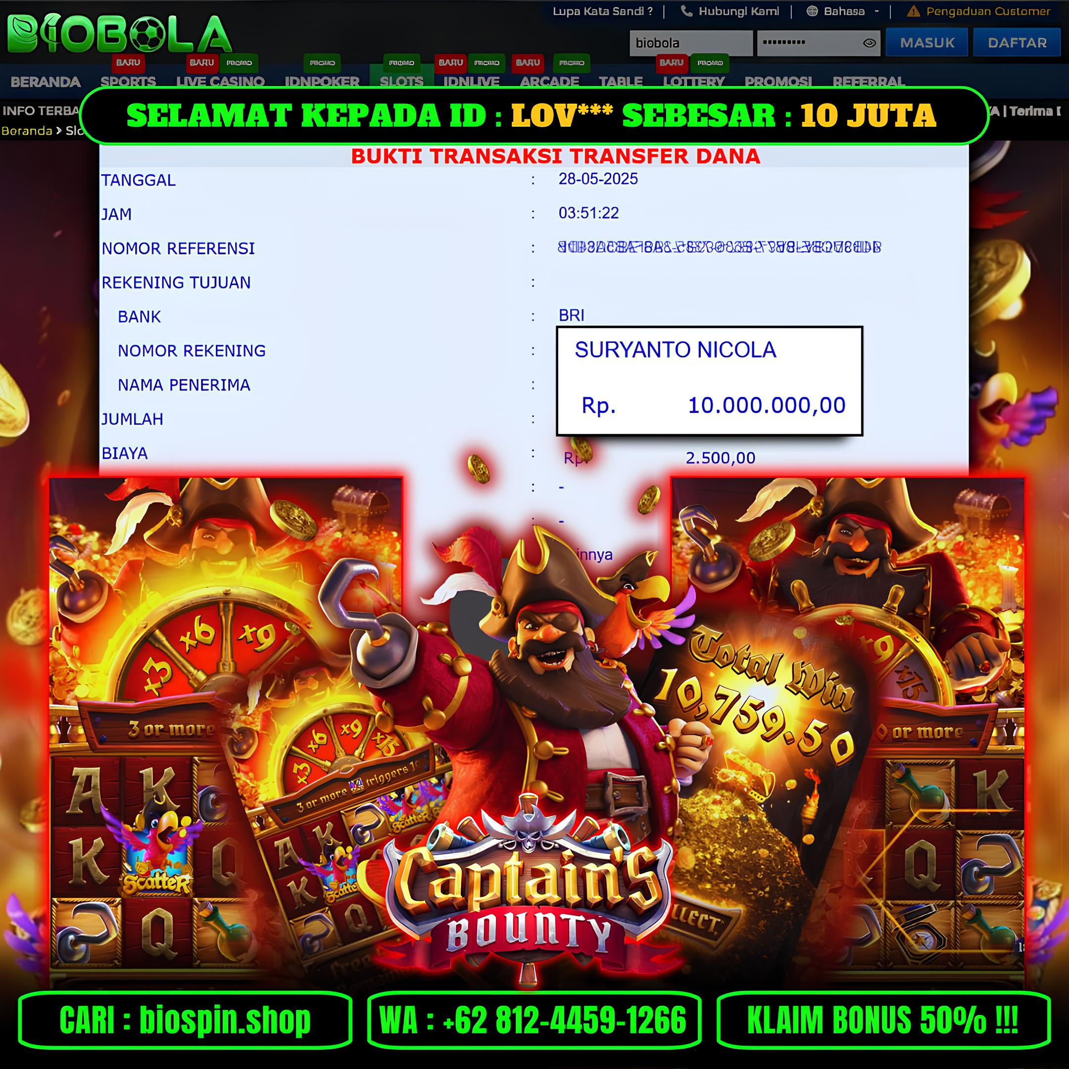 BIOBOLA  - JACKPOT DI GAME SLOT CAPTAIN'S BOUNTY RP 10JT DIBAYAR LUNAS