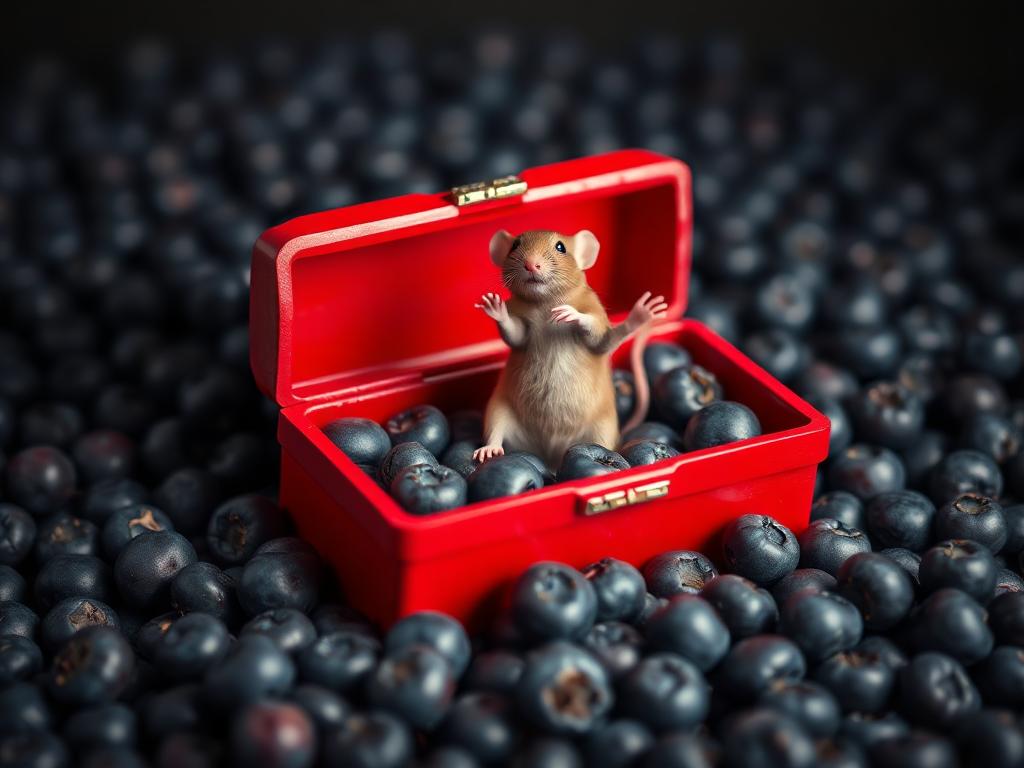 A red box of blue berries with a rat dancing inside