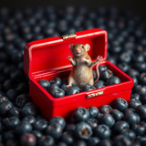 www.naked-ai.art - A red box of blue berries with a rat dancing inside