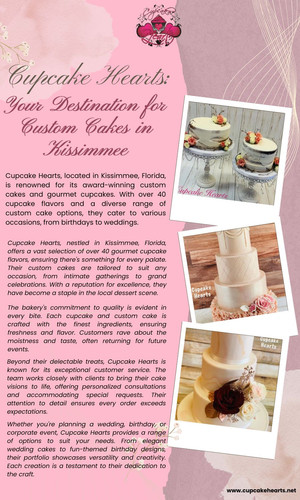 Cupcake Hearts, located in Kissimmee, Florida, is renowned for its award-winning custom cakes and gourmet cupcakes. With over 40 cupcake flavors and a diverse range of custom cake options, they cater to various occasions, from birthdays to weddings. Their commitment to quality and personalized service has made them a favorite among locals and visitors alike. Whether you're planning a special event or simply indulging in a sweet treat, Cupcake Hearts ensures a delightful experience. For those seeking Custom Cakes Kissimmee, this bakery stands out as a top choice.

Visit Here: https://www.cupcakehearts.net/