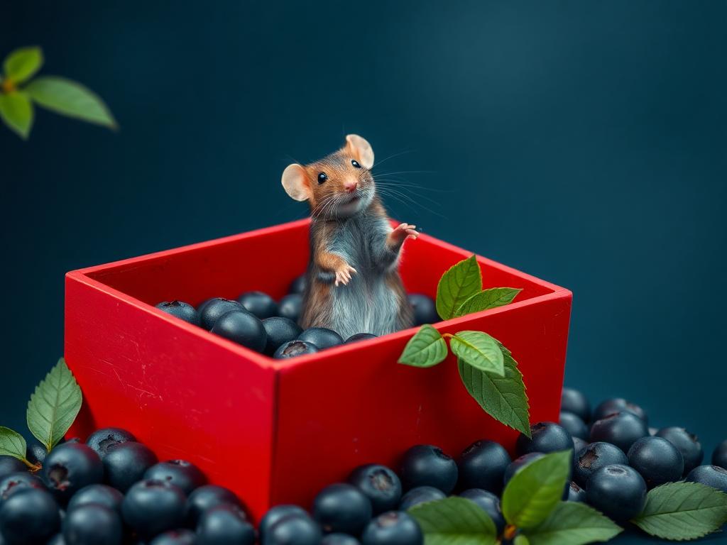 A red box of blue berries with a rat dancing inside