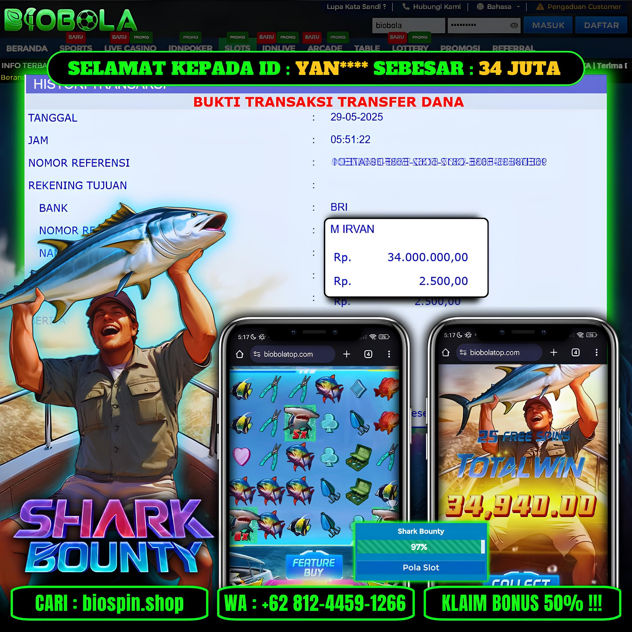 BIOBOLA  - JACKPOT DI GAME SLOT SHARK BOUNTY RP 34JT DIBAYAR LUNAS