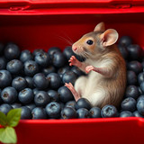 www.naked-ai.art - A red box of blue berries with a rat dancing inside