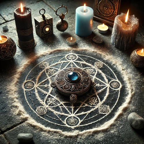 DALL·E 2025 03 10 22.01.01 A mystical ritual setting with a protective circle drawn in silver powder.png