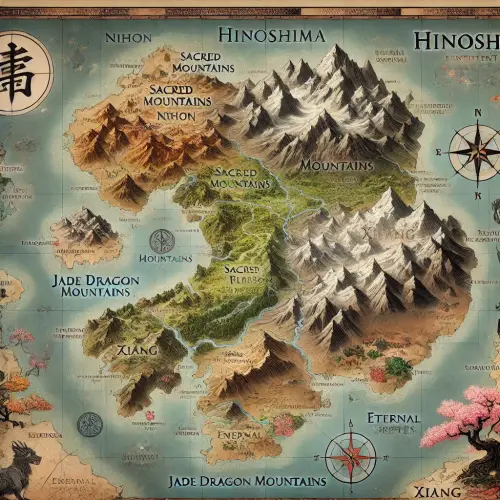 DALL·E 2025 03 09 18.00.15 A fantasy map of Hinoshima, a continent of islands and mountains, blendin.webp