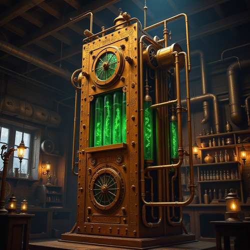 a towering brass and copper automaton easily eight feet tall standing in a dimly lit workshop filled.jpg