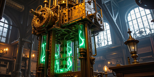 a towering brass and copper automaton easily eight feet tall standing in a dimly lit workshop filled.jpg