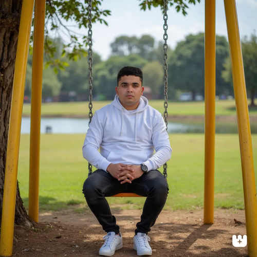 The photo shows a handsome man sitting in a swi....png