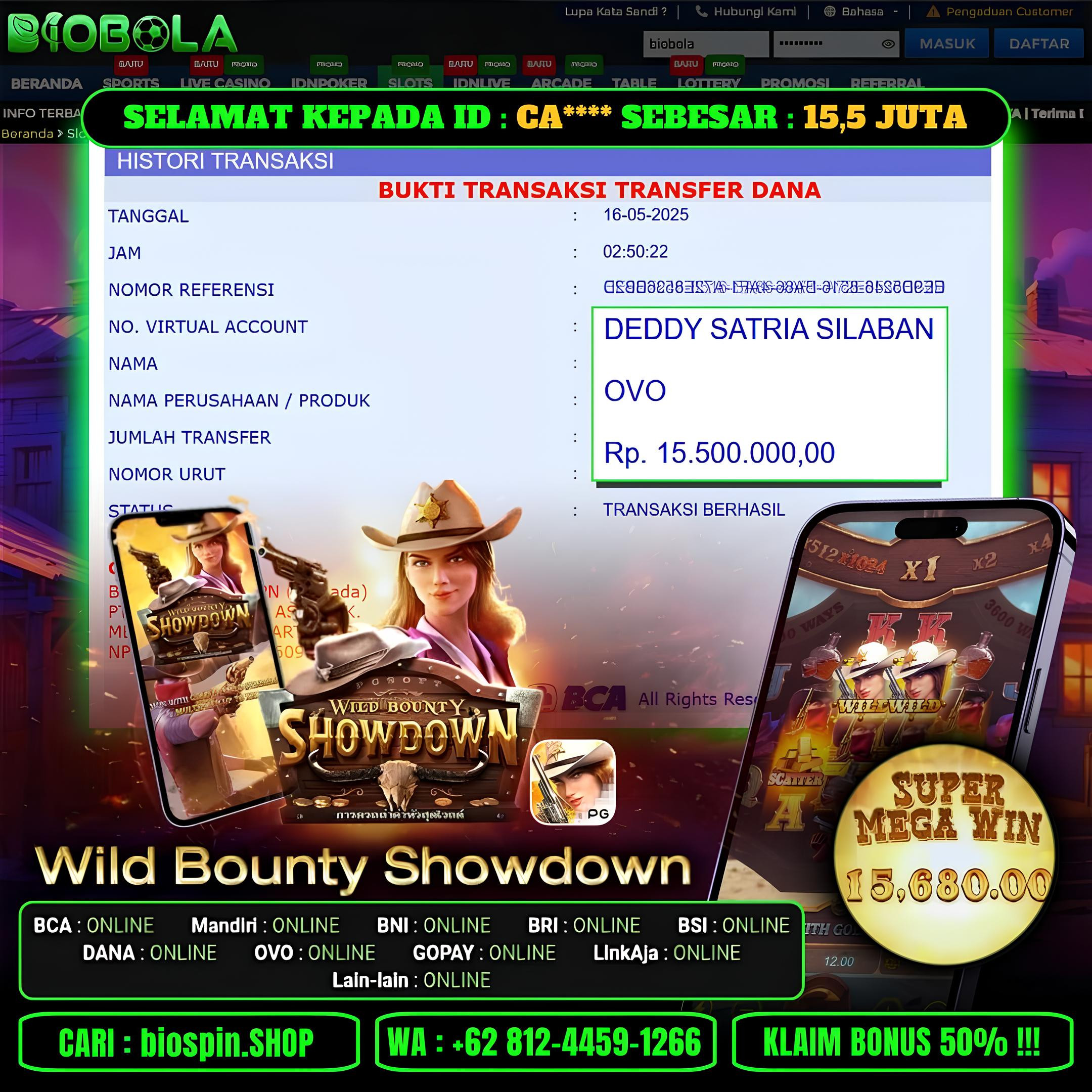 BIOBOLA  - JACKPOT DI GAME SLOT WILD  BOUNTY SHOWDOWN SEBESAR RP 15,5JT DIBAYAR LUNAS