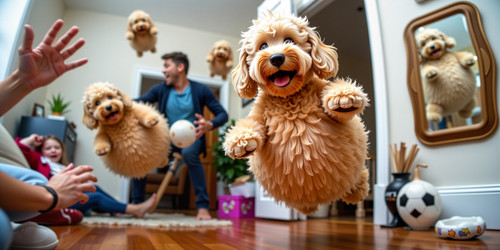  An energetic and fun scene where a plush labradoodle with an absurdly large spherical belly is bein.jpg