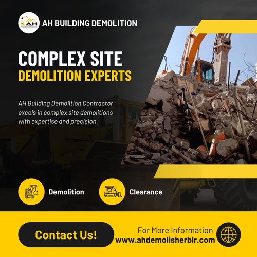 Complex site demolition done! Concrete, metal, and wood at a mixed-use site.