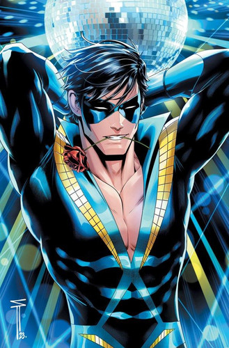 nightwing 113 variant cover featuring dick grayson with a rose in his mouth wearing his discowing su.jpg