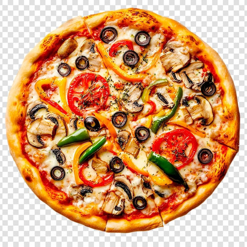 delicious veggie pizza freshly baked toppings cheese mushrooms peppers olives 84443 37364.jpg