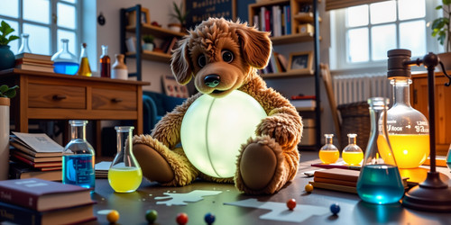 A playful and dynamic scene featuring a plush labradoodle with an absurdly large spherical belly Big.jpg