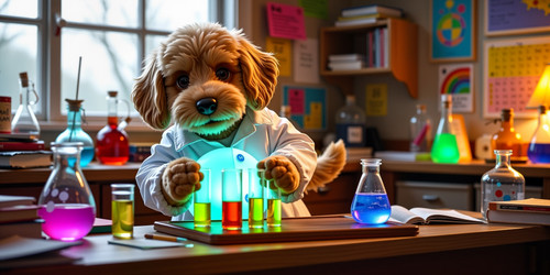 A whimsical and captivating scene featuring a plush labradoodle with an absurdly large spherical bel.jpg
