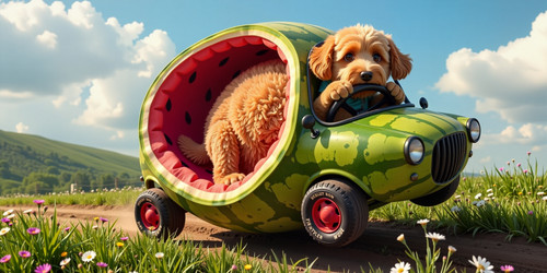An exhilarating and whimsical scene featuring a plush labradoodle with an absurdly large spherical b.jpg