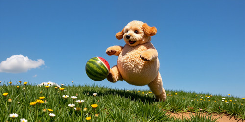 A lively and humorous scene featuring a plush labradoodle with an absurdly large spherical belly Big.jpg