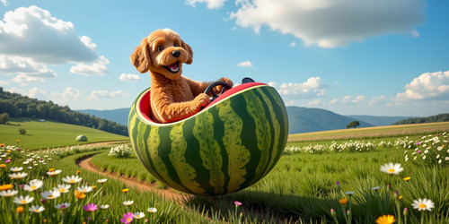 A joyous and surreal scene featuring a plush labradoodle with an absurdly large spherical belly Big .jpg