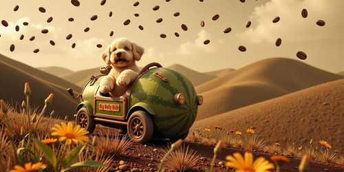 A warm and invigorating scene featuring a plump plush labradoodle with an absurdly large spherical b.jpg