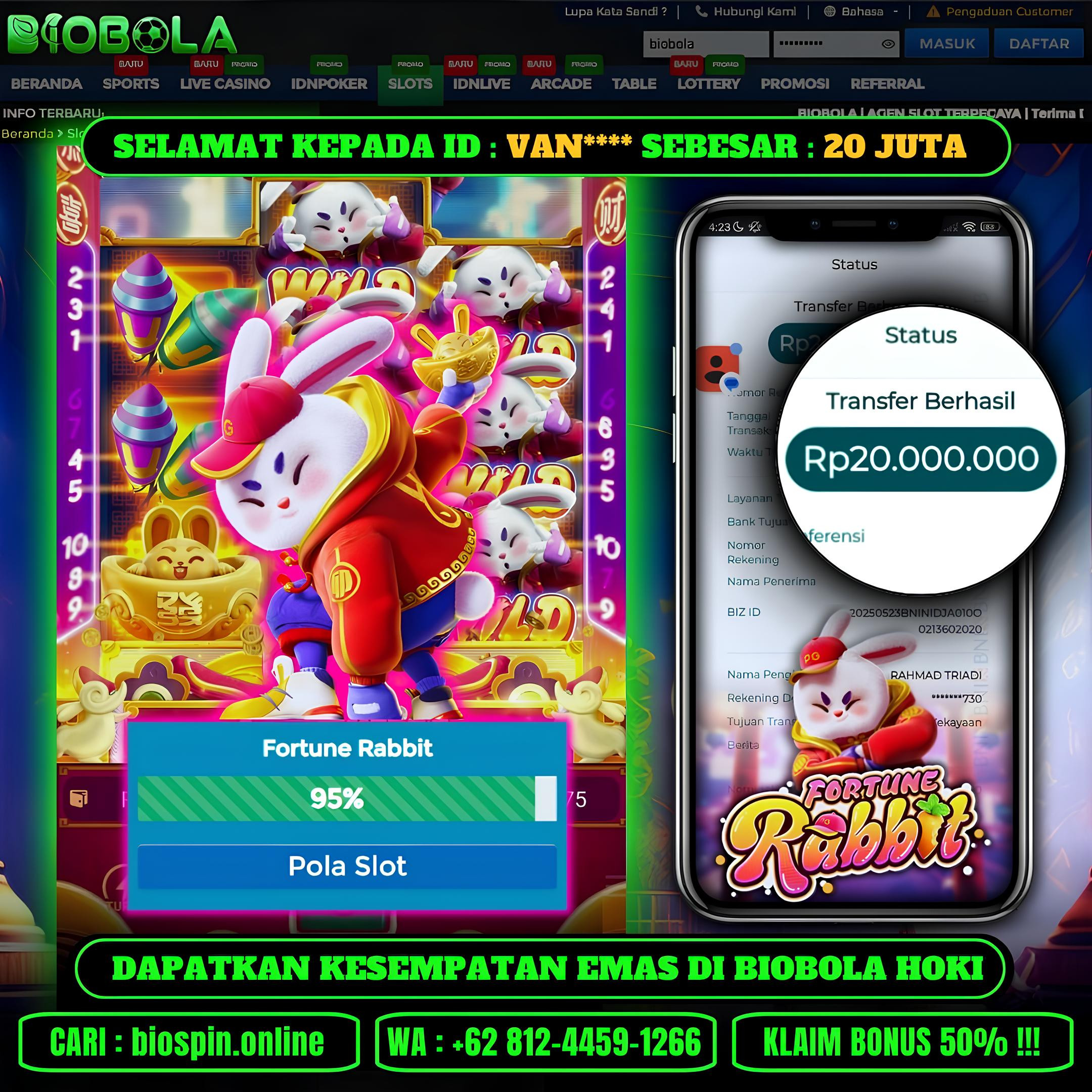 BIOBOLA  - JACKPOT DI GAME SLOT FORTUNE RABBIT RP 20JT DIBAYAR LUNAS