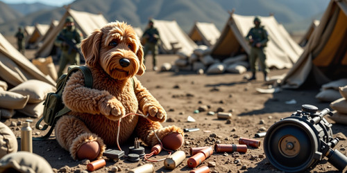 Subject Big Belly Bob a plush labradoodle with an absurdly large spherical belly is building a bomb .jpg