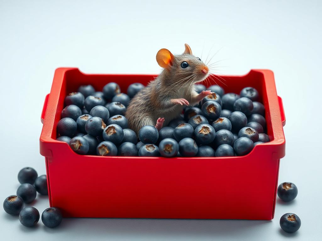 A red box of blue berries with a rat dancing inside