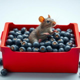 www.naked-ai.art - A red box of blue berries with a rat dancing inside