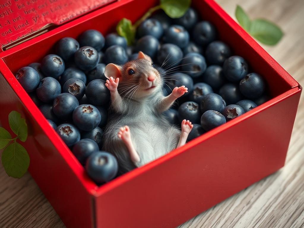 A red box of blue berries with a rat dancing inside