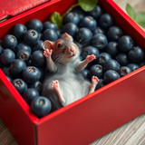 www.naked-ai.art - A red box of blue berries with a rat dancing inside