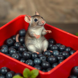 www.naked-ai.art - A red box of blue berries with a rat dancing inside
