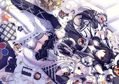 Konachan.com 56944 2girls bell blue eyes book bow candy catgirl collar cross flowers food hat heart .jpg