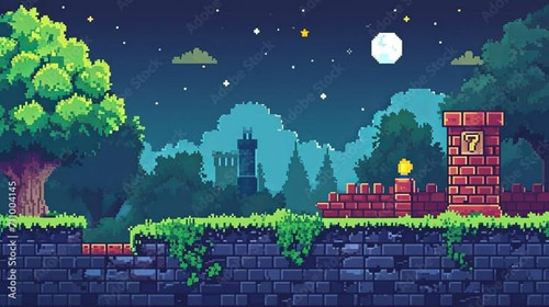 Pixel art game background with button level up Game design concept in retro style. Vector illustrati.jpg