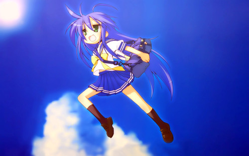 Konachan.com 416 blue blue hair clouds green eyes izumi konata jpeg artifacts kneehighs long hair lu.jpg