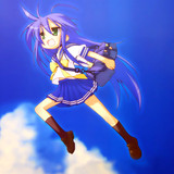 Konachan.com 416 blue blue hair clouds green eyes izumi konata jpeg artifacts kneehighs long hair lu