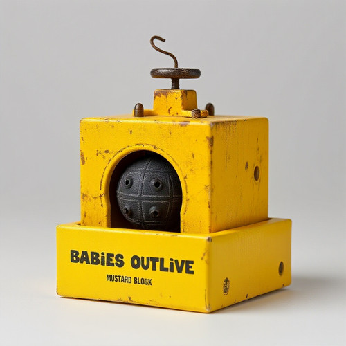 image of Babies Outlive Mustard Block a bomb in a yellow box small innocent looking cube shaped dura.jpg