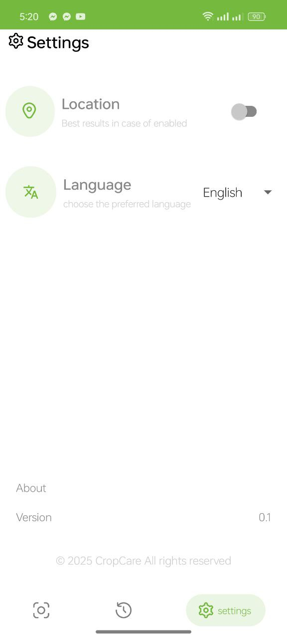 CropCare Settings Screen