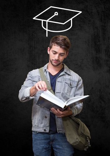 Digital composite image of teenage student with mortarboard above head reading book against black ba.jpg