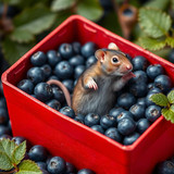 www.naked-ai.art - A red box of blue berries with a rat dancing inside