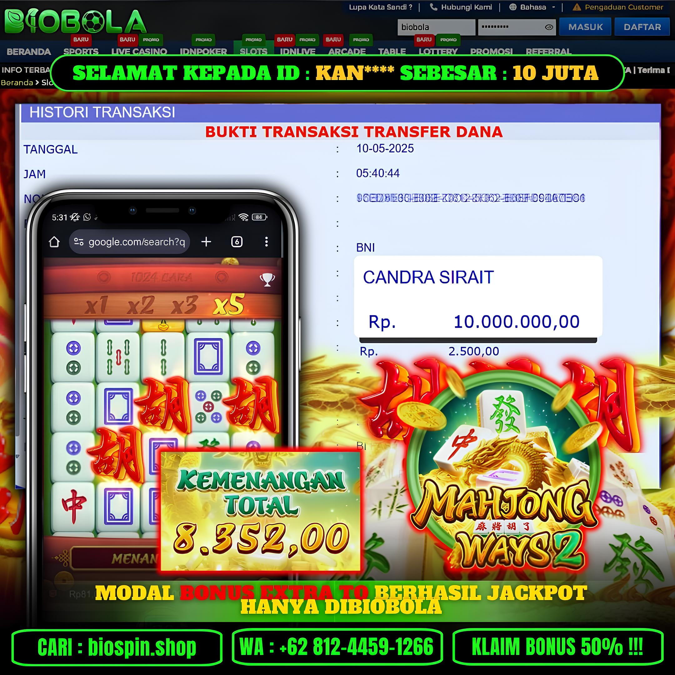 BIOBOLA  - JACKPOT DI GAME SLOT MAHJONG MEGAWAYS 2 SEBESAR RP 10JT DIBAYAR LUNAS