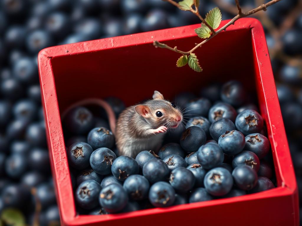A red box of blue berries with a rat dancing inside