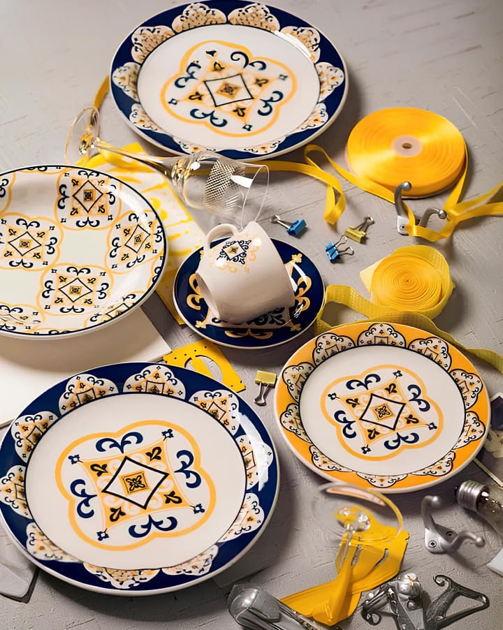 Aparelho De Jantar E Chá 20 Peças Floreal São Luís 6779 Amarelo E Azul Oxford