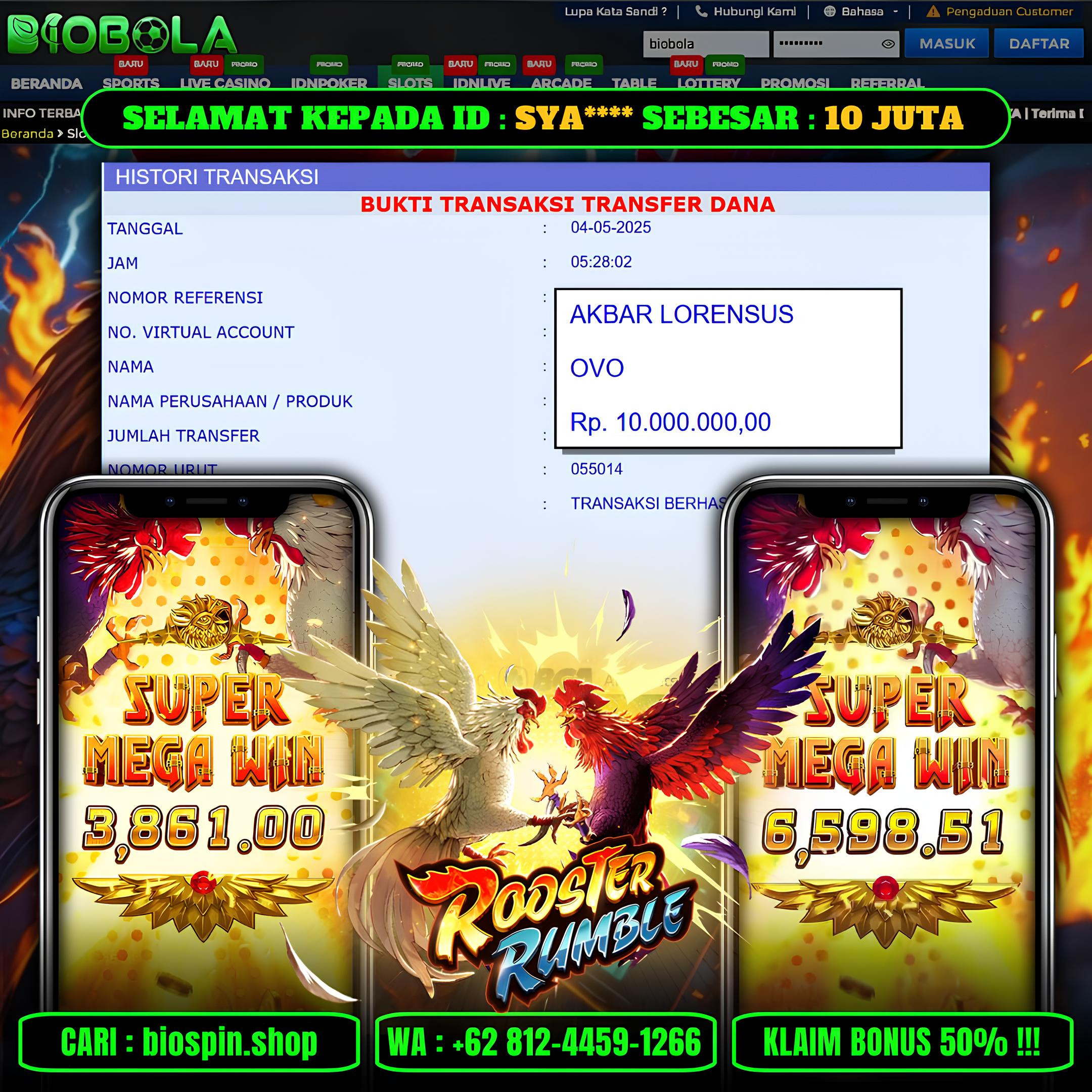 BIOBOLA  - JACKPOT DI GAME ROOSTER RUMBLE SEBESAR RP 10JT DIBAYAR LUNAS