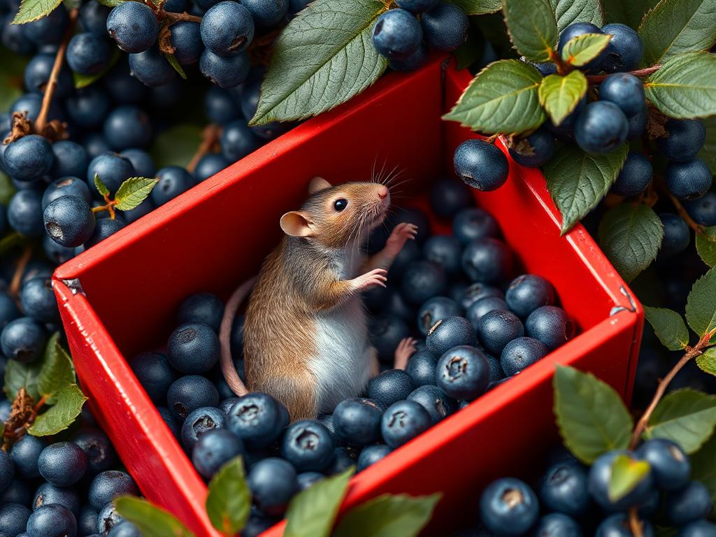 A red box of blue berries with a rat dancing inside