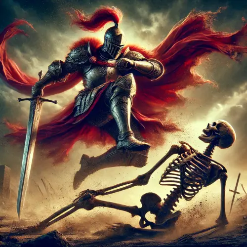DALL·E 2025 03 19 00.55.55 A majestic knight wearing a flowing red cape stands victorious on a battl.webp