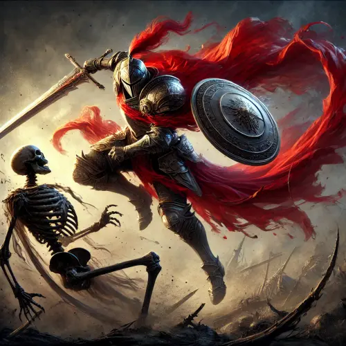 DALL·E 2025 03 19 00.58.27 A majestic knight wearing a flowing red cape stands victorious on a battl.webp
