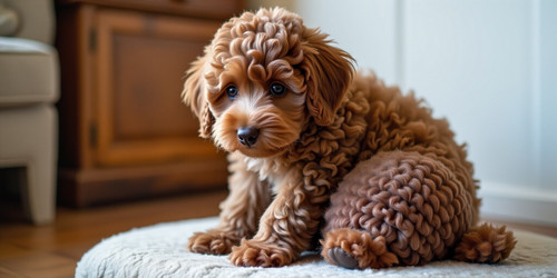 a cute furry labradoodle with an absurdly large and bouncy belly sitting on its butt like a stuffie .jpg